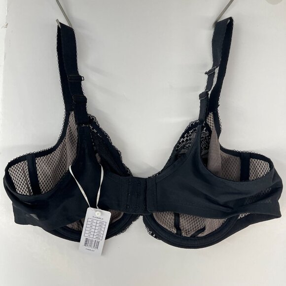 44DD- NWT Charley Plunge‎ J-Hook Bra Stretch Lace Underwire Mesh Black Bra - Picture 7 of 10